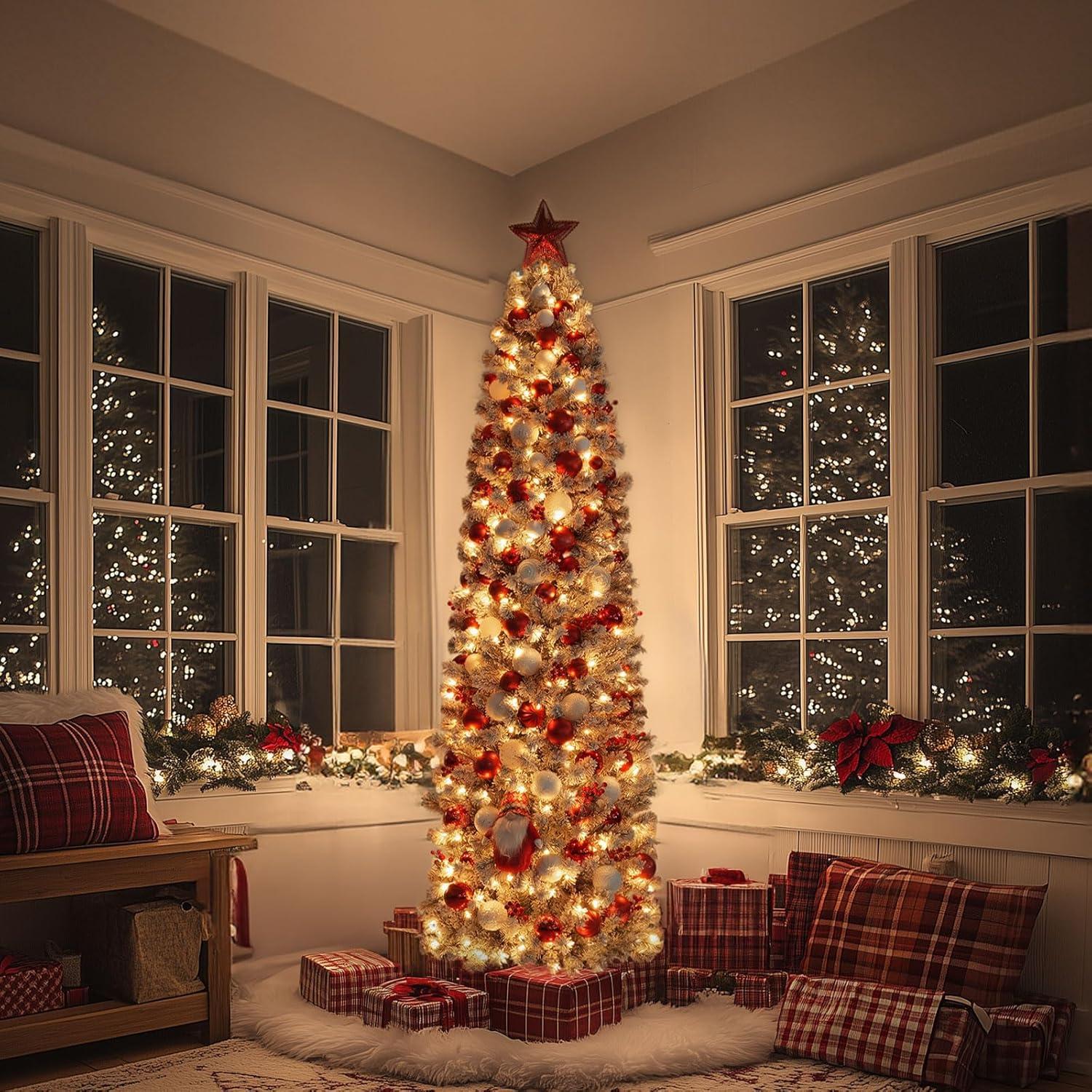 OasisCraft Un-lit 6.5Ft Snow Flocked Artificial Pencil Christmas Tree, Hinged Snowy Slim Xmas Tree Outdoor for Festive Holiday Decoration Metal Stand