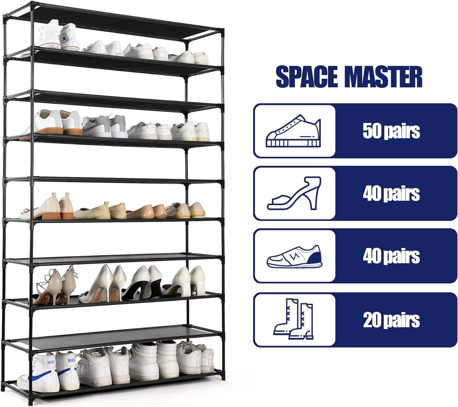 UBesGoo 10 Tiers Shoe Rack Shoe Shelf Free Standing 50 Pairs Shoe Tower Stand Space Saving Storage Organizer for Closet Entryway Bedroom Dorm Black