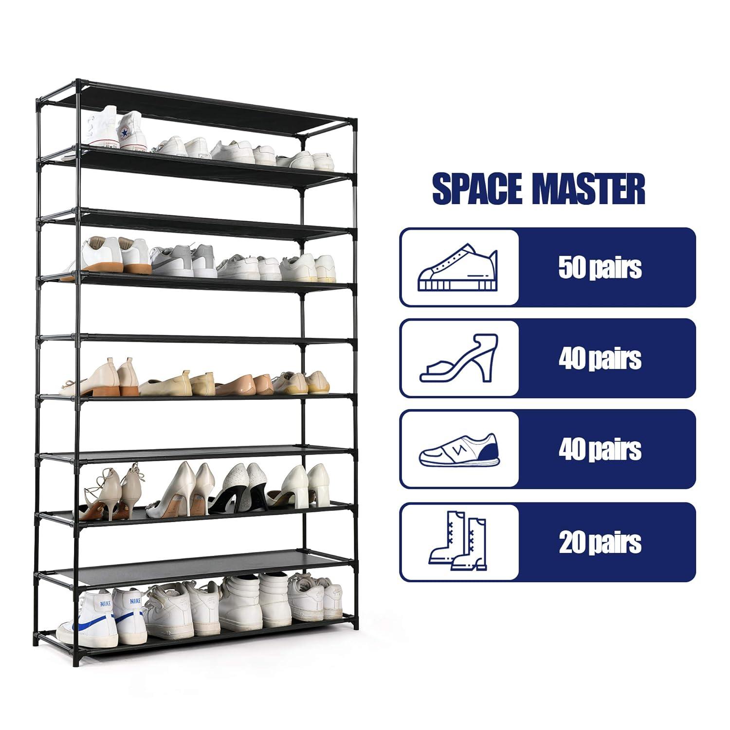 UBesGoo 10 Tiers Shoe Rack Shoe Shelf Free Standing 50 Pairs Shoe Tower Stand Space Saving Storage Organizer for Closet Entryway Bedroom Dorm Black