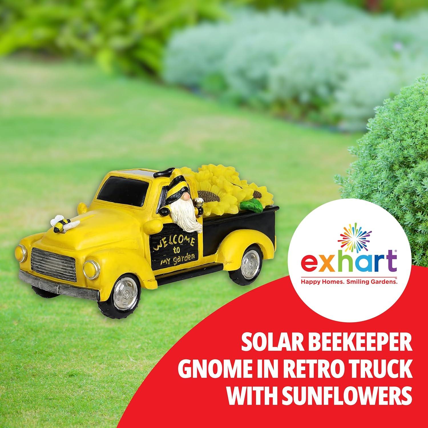 Exhart Exhart Solar Hand Painted Beekeeper Gnome in a Sunflower Truck Garden Statue, 11 by 5 Inches