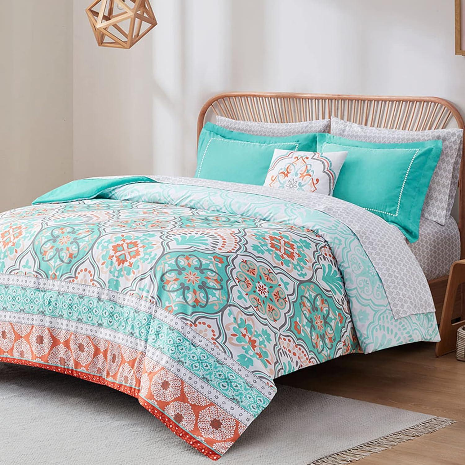Queen Size Aqua and Coral Microfiber Boho Bed in a Bag Set
