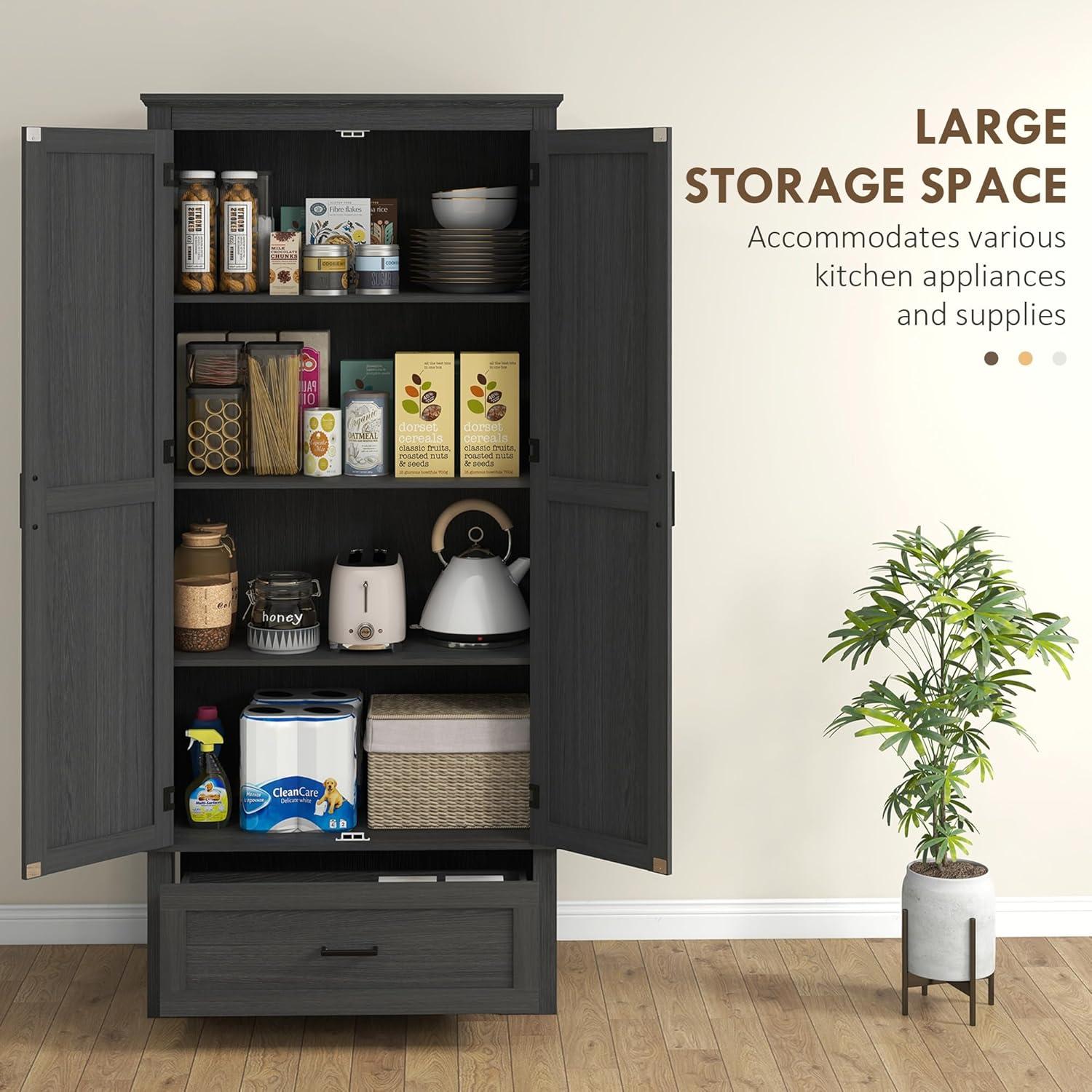 HOMCOM 69" Tall Farmhouse Kitchen Pantry Storage Cabinet with Drawer and Adjustable Shelves, Black