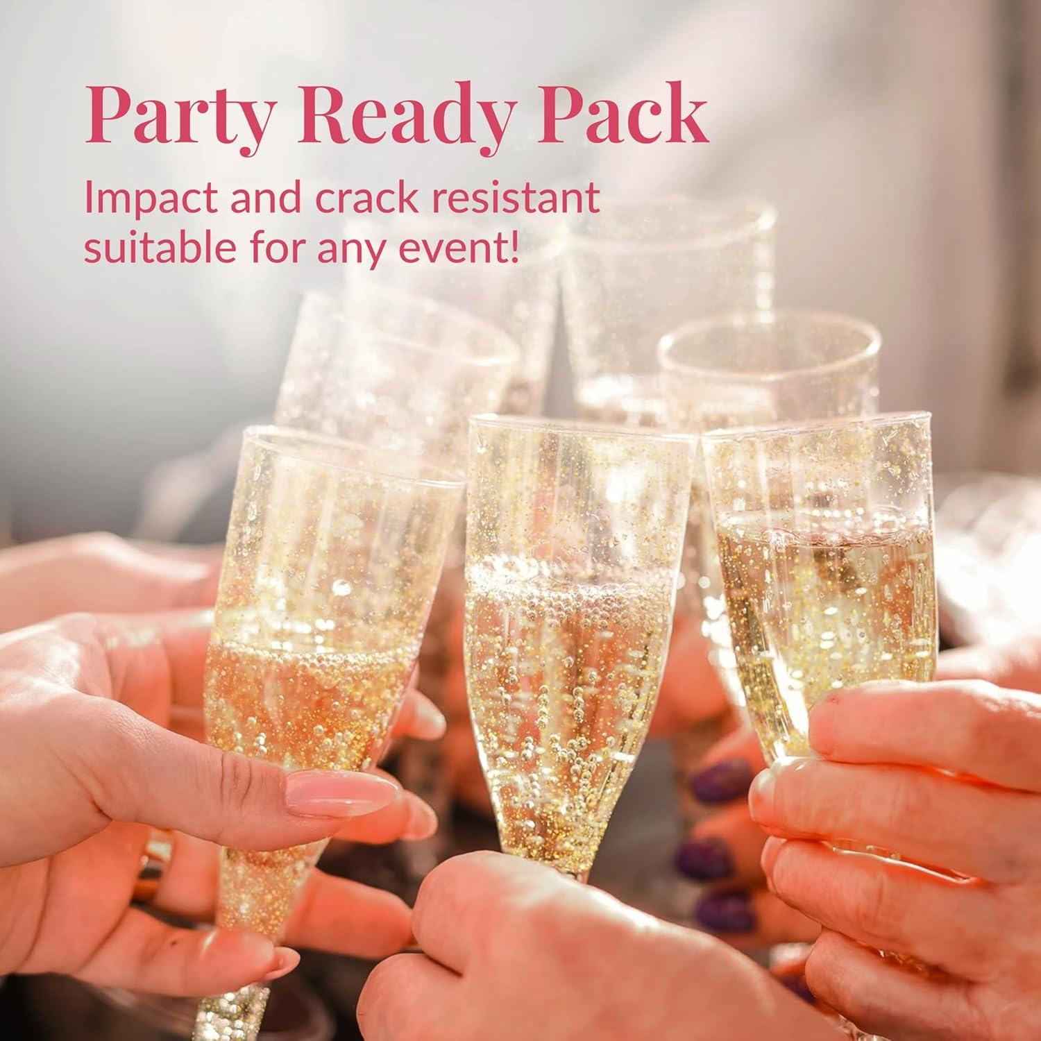 Prestee 24 Champagne Flutes Disposable, Gold Rim Glitter Plastic Cups