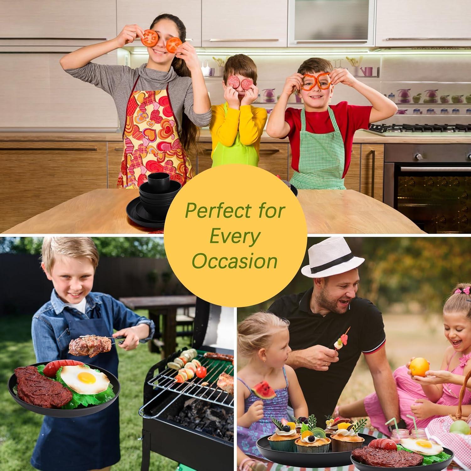 32 Pcs Wheat Straw Dinnerware Sets,Plastic Plates and Bowls Sets for 8,Unbreakable Dinnerware Set,Reusable Lightweight Black Dish Set for Kitchen,Camping,Party,RV,Dishwasher Microwave Safe