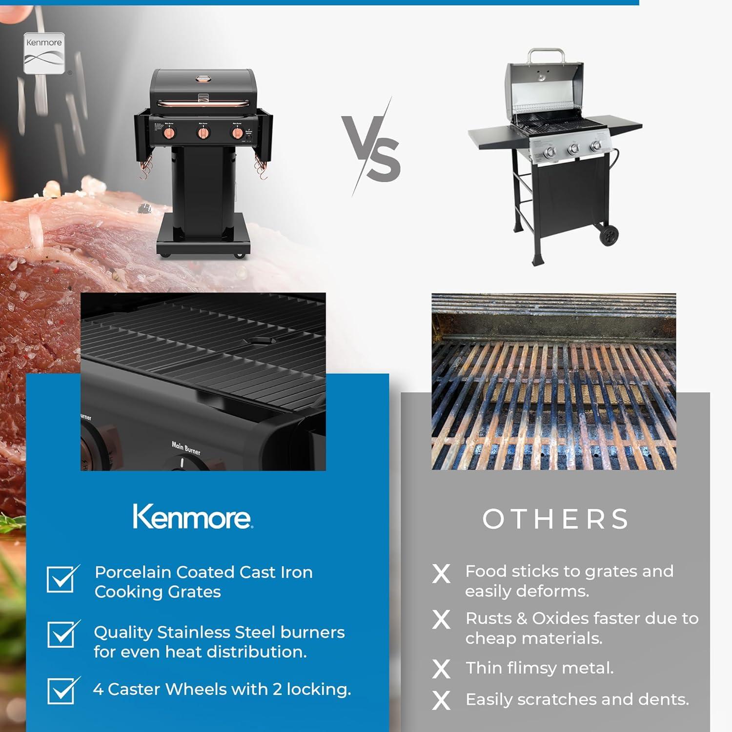 Kenmore 3-Burner Propane Gas Grill with Foldable Side Tables for Outdoor BBQ