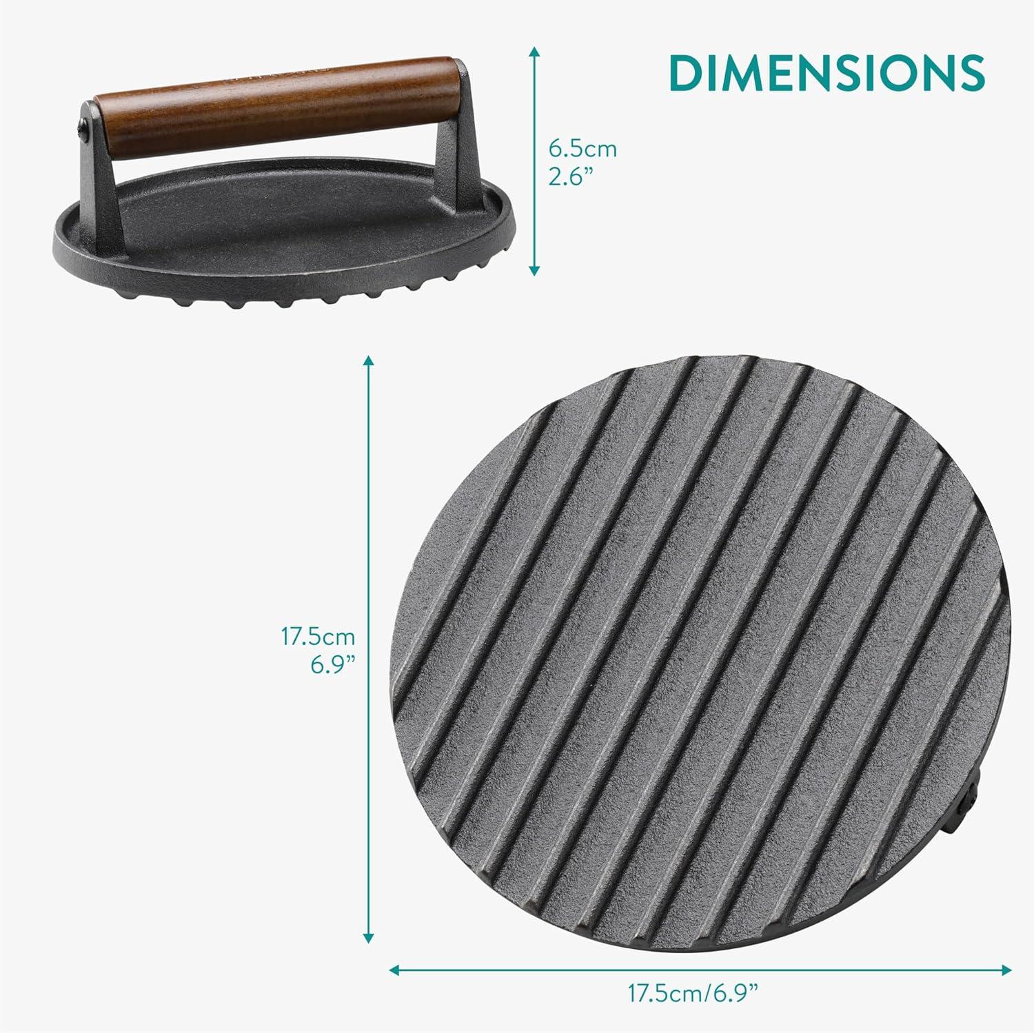 Navaris Cast Iron Round Burger Smasher - Food Grade Smash Burger Press with Wooden Handle - Grill BBQ Meat Patty Maker - Chef Press Burger Weight