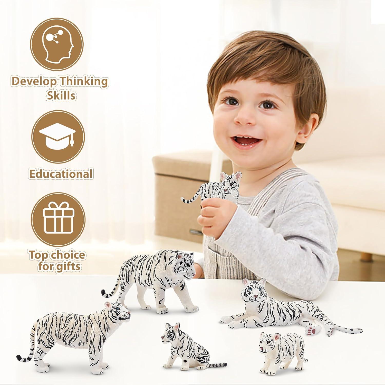 Toymany 6PCS Realistic White Tigers Figurines with Tiger Cubs, 2-6" Jungle Animals Figures Family Set Includes Baby Tigers, Educational Toy Cake Toppers Christmas Birthday Gift for Kids Toddlers