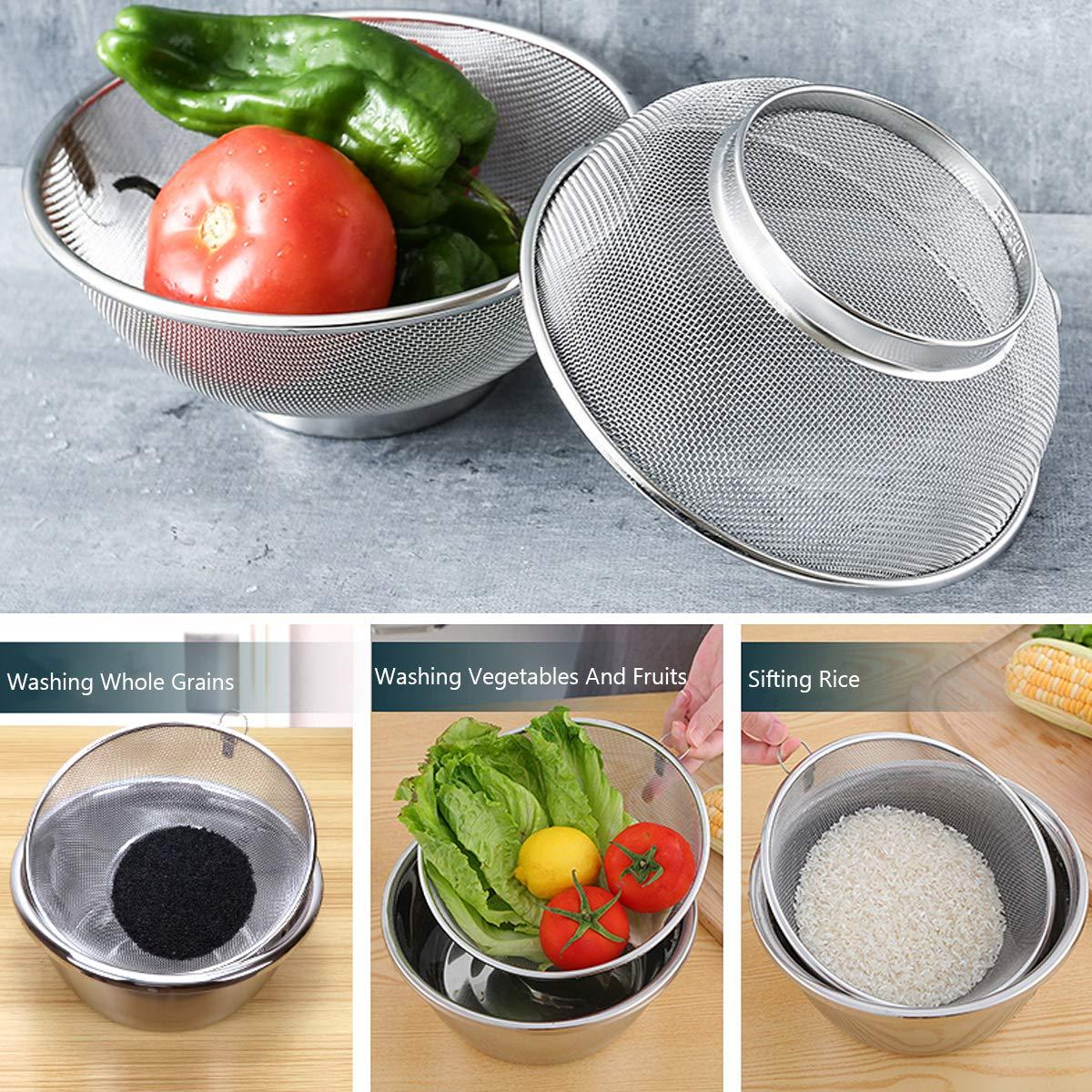 2 Pack Stainless Steel Mesh Colander Kitchen Fine Mesh Strainer Bowl Straining Screen Basket Drainer Rice Washing Bowl Colander Sieve Sifters for Rice, Pasta, Noodles, Vegetables, Fruits