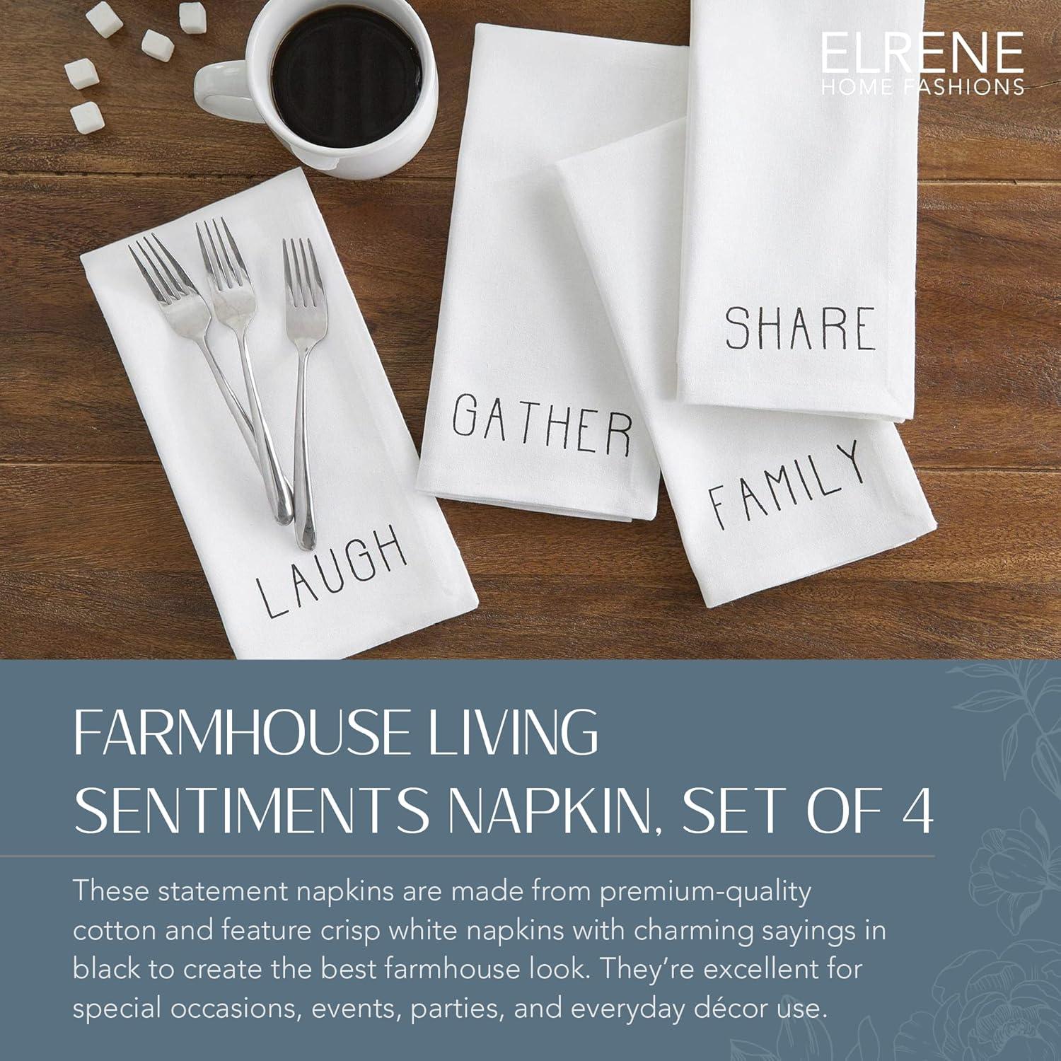 Elrene Home Fashions Farmhouse Living Sentiments Napkins, 20" x 20" Set of 4, Black/White 4