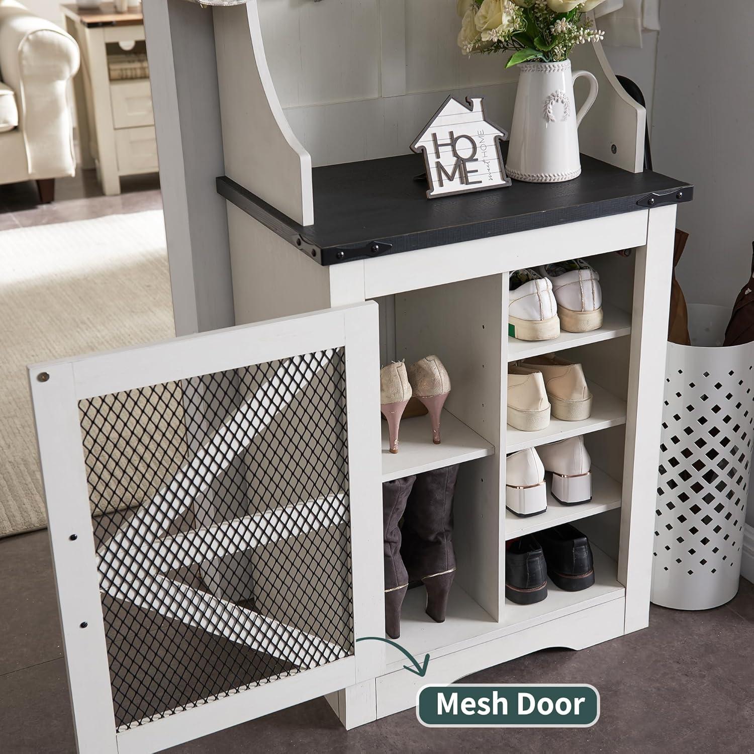 T4TREAM Farmhouse Entryway Hall Tree with Bench and Shoe Storage, Coat Rack with Coat Hooks, White