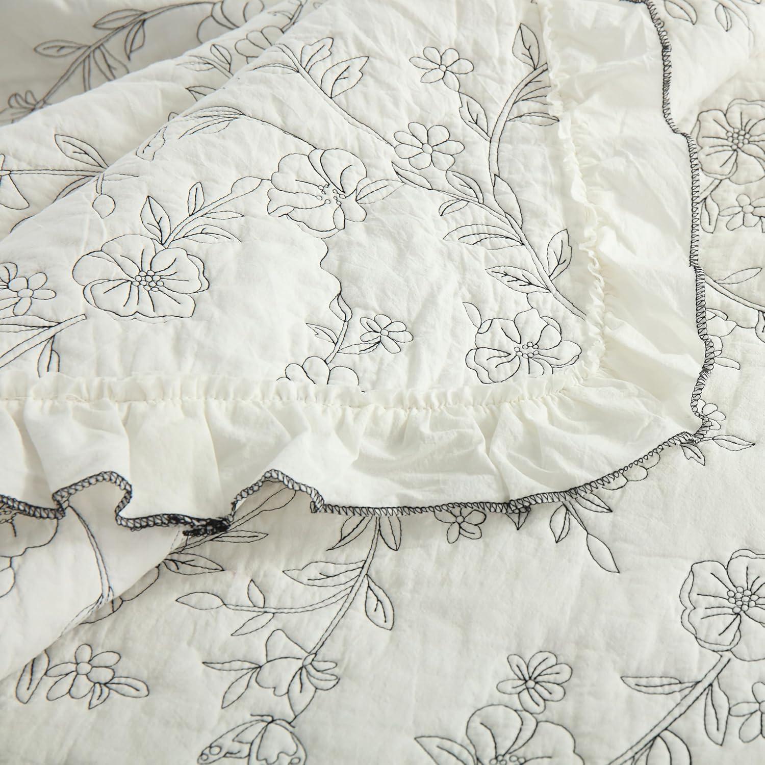 Queen Size White Cotton Floral Embroidered Bedspread Set