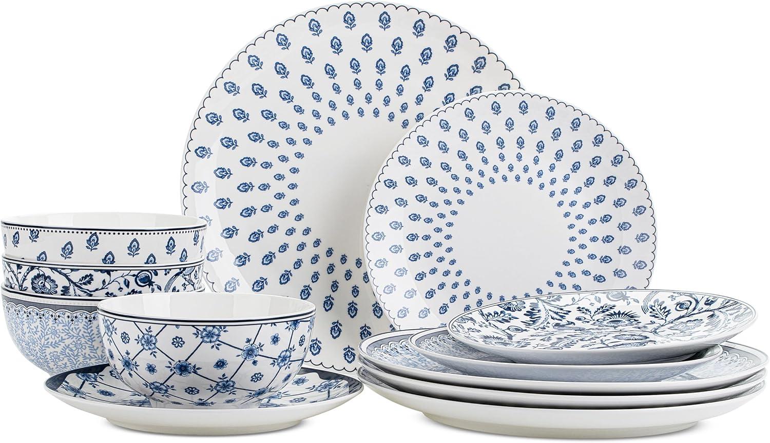 White and Blue Ceramic 12-Piece Dinnerware Set for 4