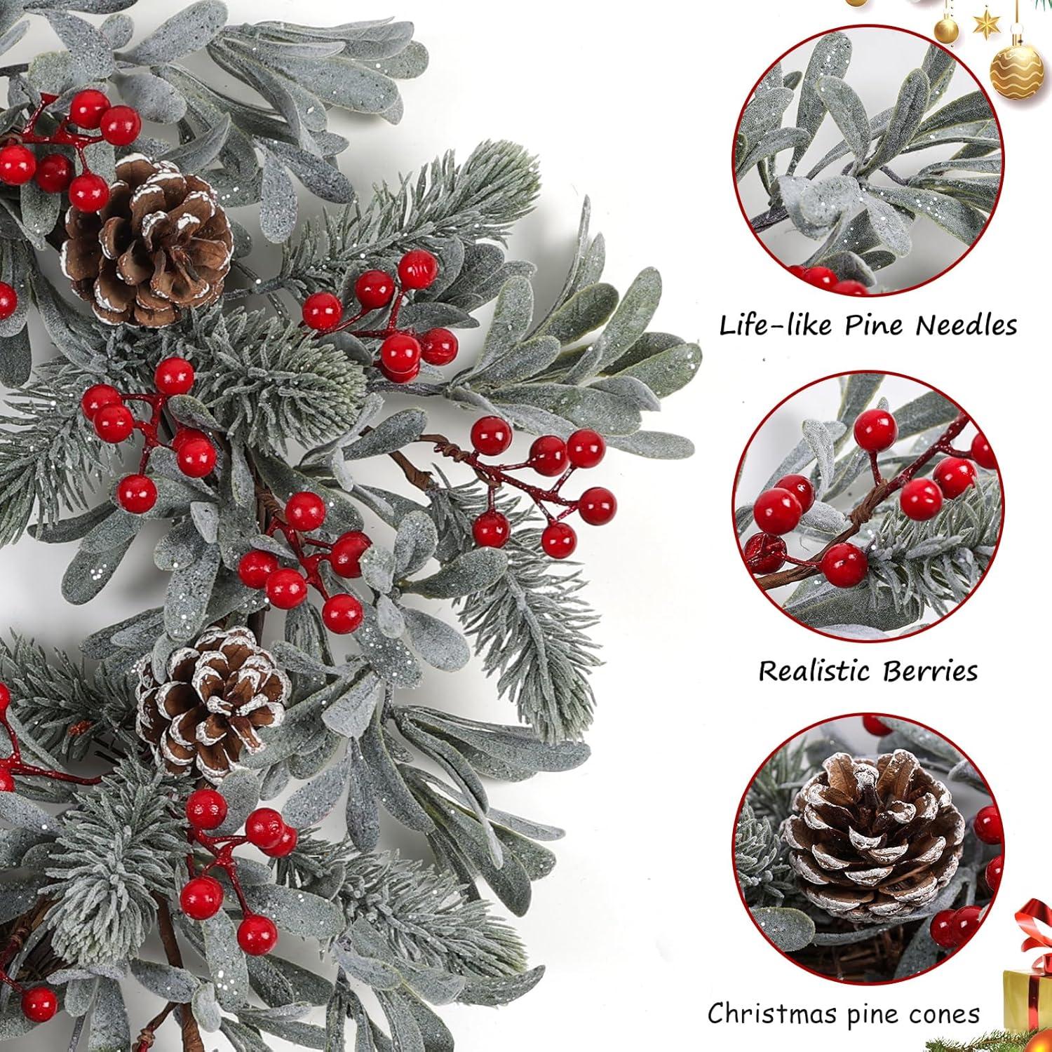 20 Inches Christmas Wreath,Artificial Christmas Wreaths For Front Door Christmas Grapevine Wreath With Pine Needles Pine Cones And Red Berries For Home Decor Christmas Winter Decorations