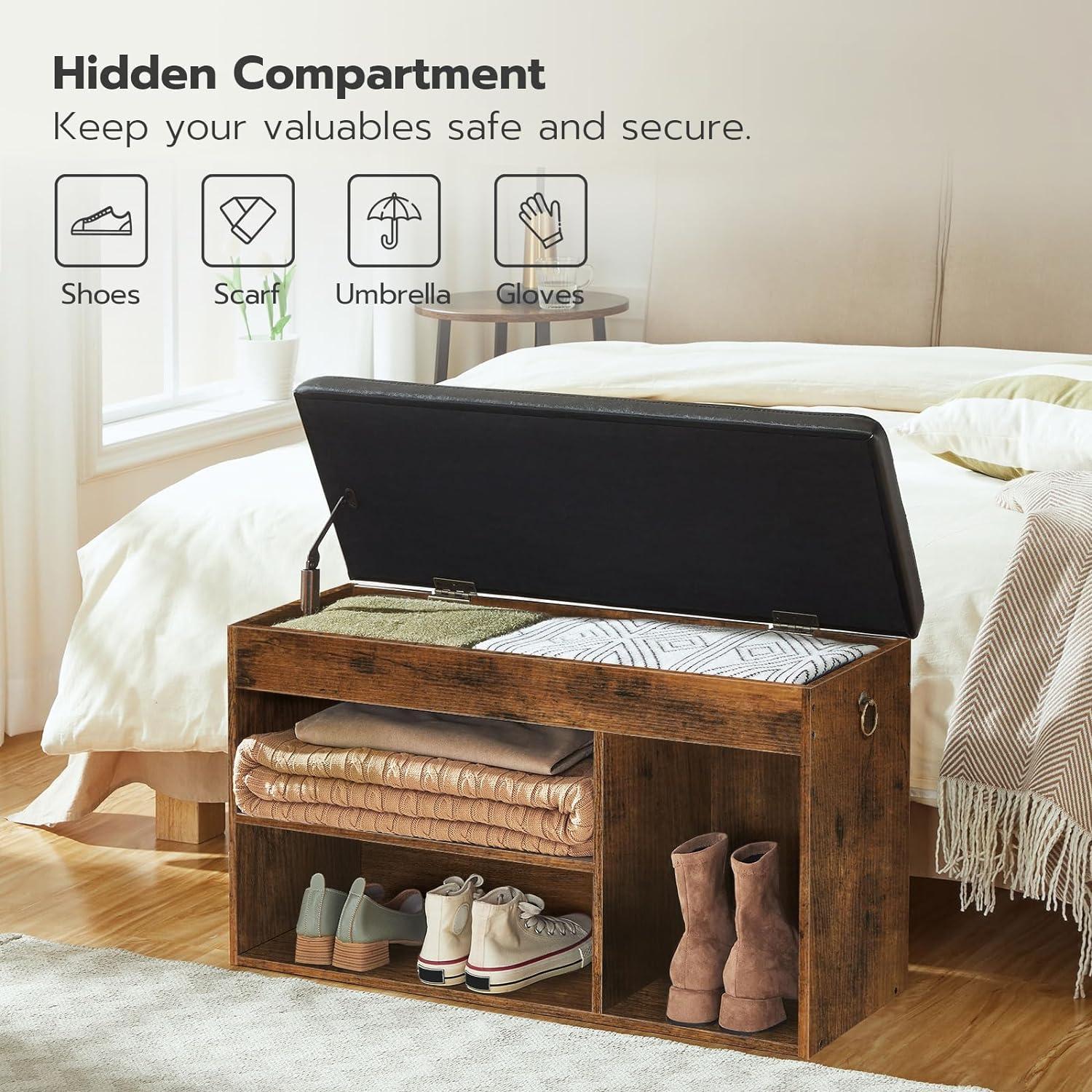 Rustic Brown Storage Bench with Black Cushion and Adjustable Shelf