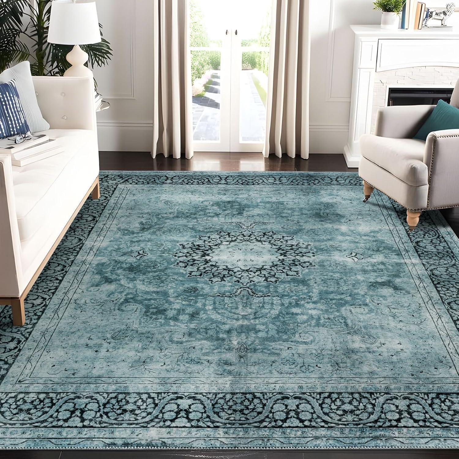 Blue Medallion Vintage Washable Synthetic 4' x 6' Area Rug