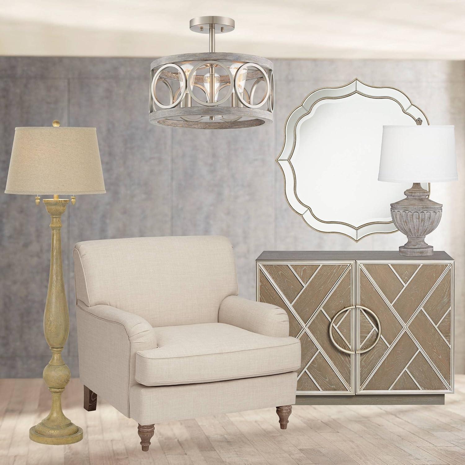 Noble Park Laureen Scalloped Round Vanity Wall Mirror Modern Beveled Glass Champagne Gold Beaded Frame 32" Wide for Bathroom Living Room Home Entryway