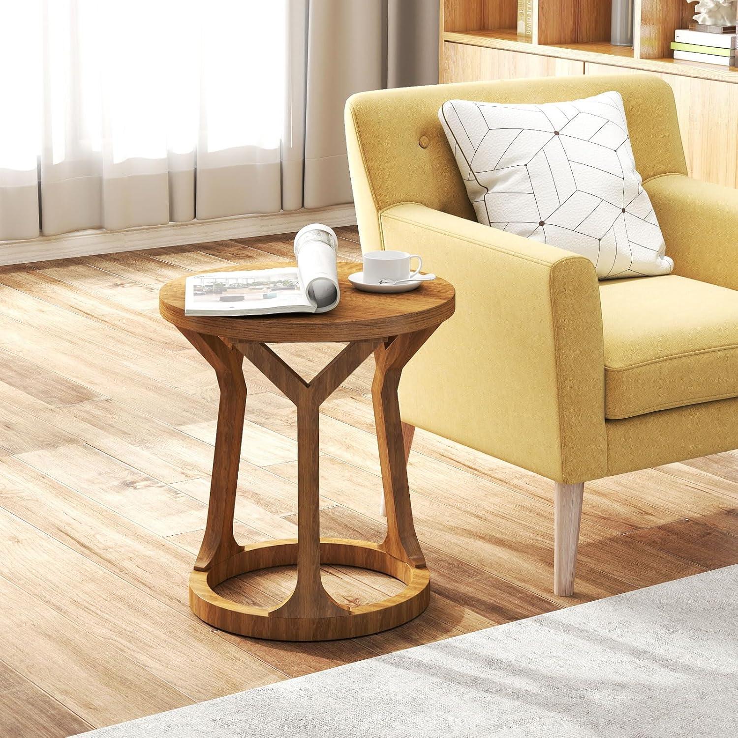 Kinbor Accent Wood Farmhouse End Table Side Tables Nightstand Natural Tray Top and Legs, White