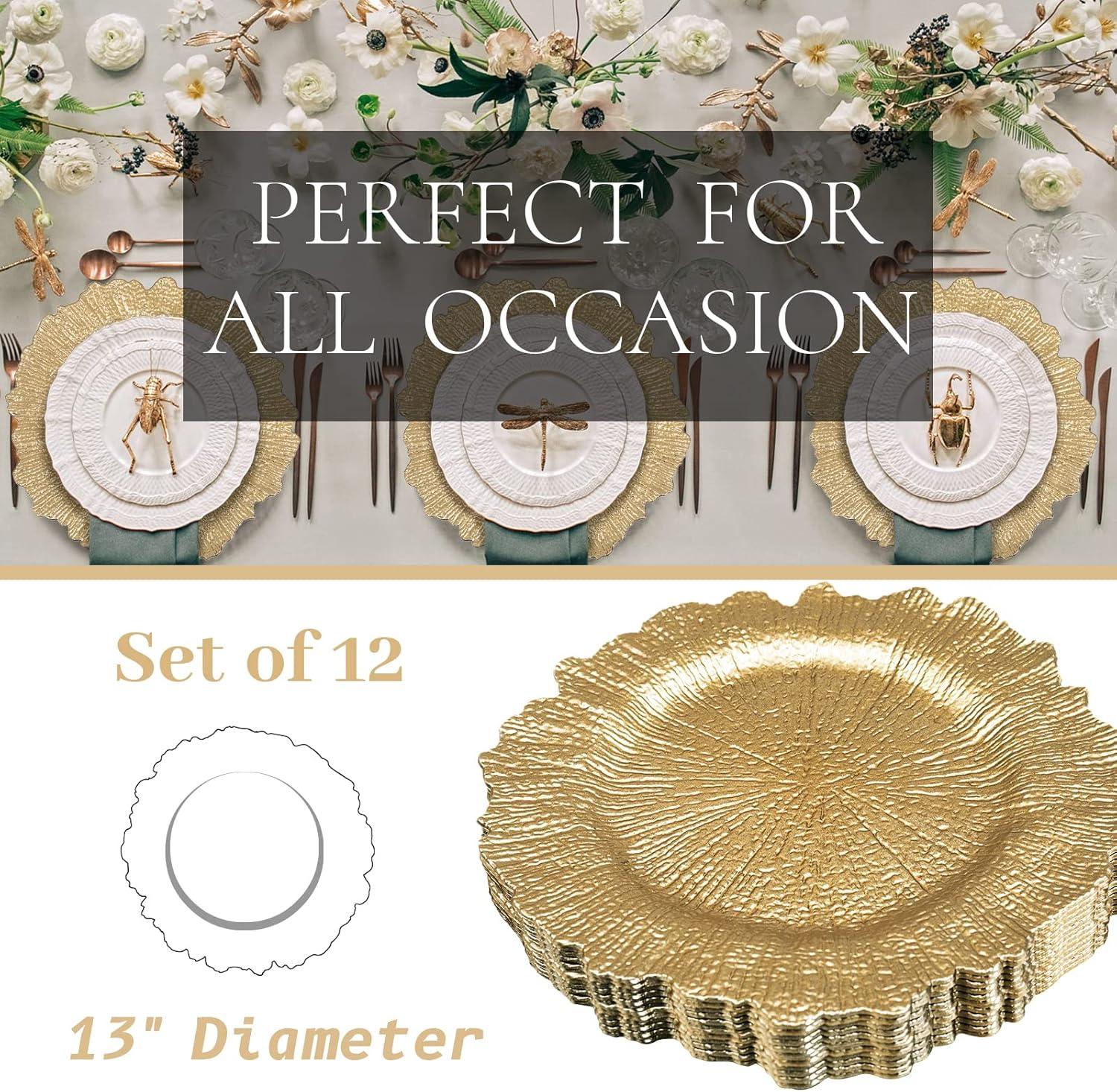 Gold Charger Plates Set - 13” Vintage Plastic Dinnerware Set - Reusable Elegant Serving Plates for Parties, Weddings and Events 12 Set