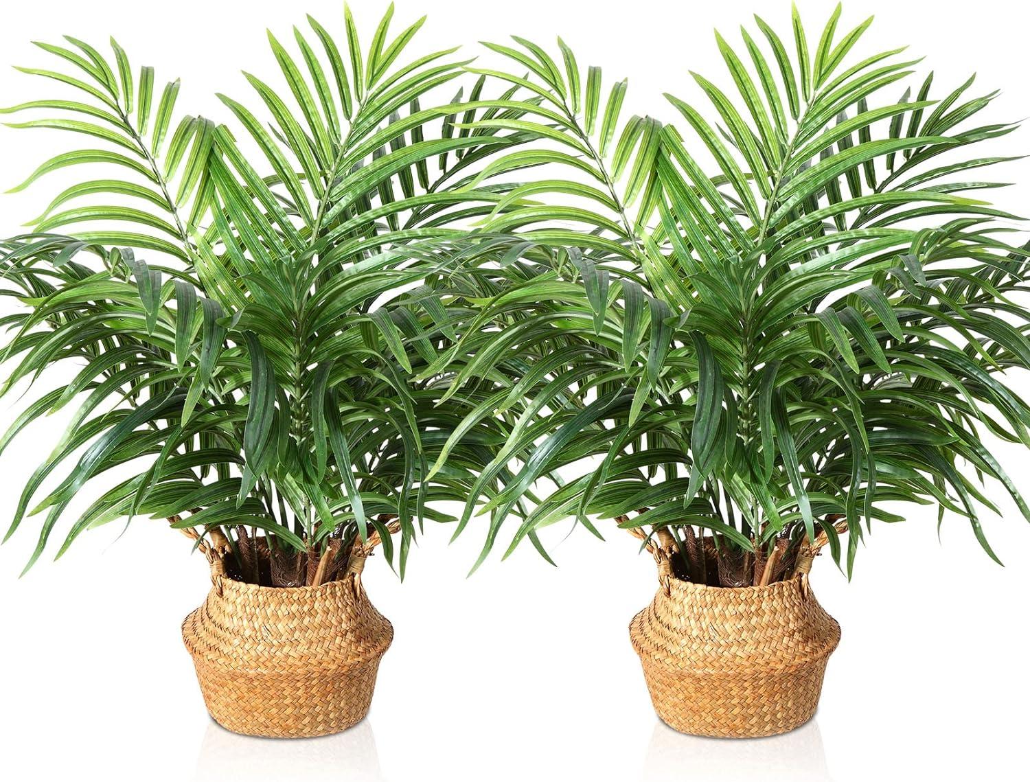 Artificial Palm Tree 28”Fake Potted Areca Palm Plant with Handmade Seagrass Basket, Perfect Faux Tree Home Décor for Indoor Outdoor Office Porch Balcony Bedroom Bathroom Gift,2Pack