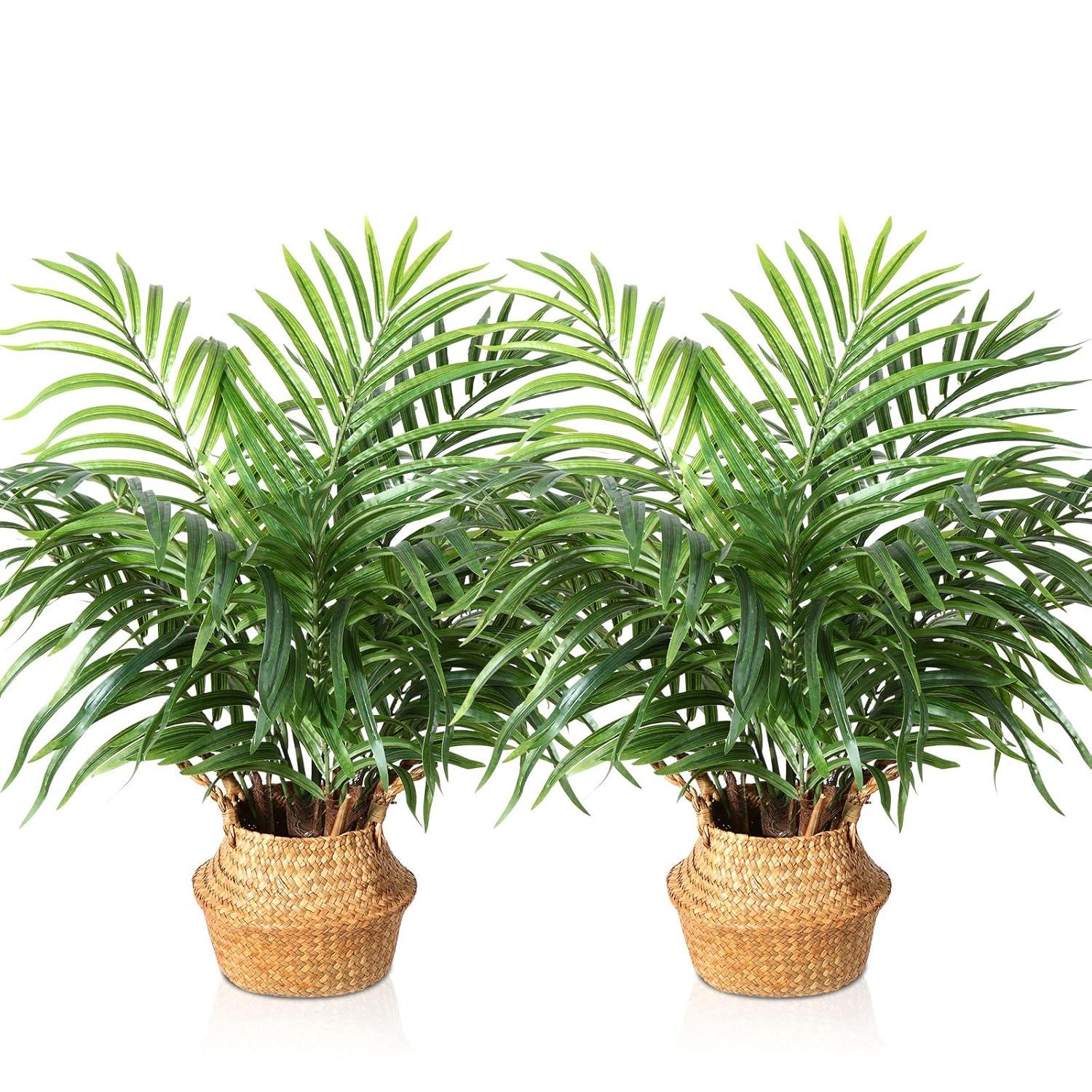 Artificial Palm Tree 28”Fake Potted Areca Palm Plant with Handmade Seagrass Basket, Perfect Faux Tree Home Décor for Indoor Outdoor Office Porch Balcony Bedroom Bathroom Gift,2Pack