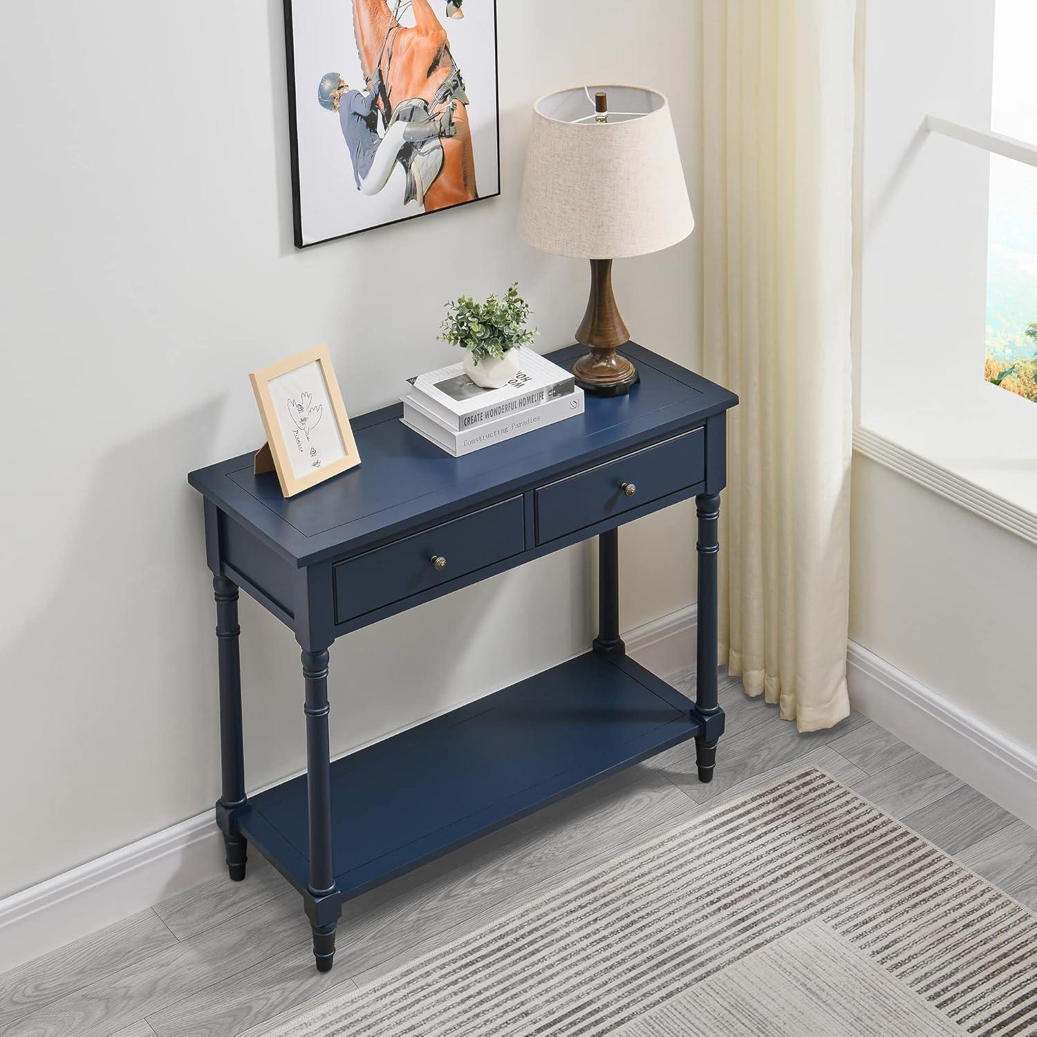 Solid Wood Console Entry Table with 2 Drawers, Accent Sofa Table with Storage Shelf, Narrow Entryway Hall Table for Living Room Office Easy Assembly 35.54" L x 30" H x 13.78" W Blue SFZ-004BL