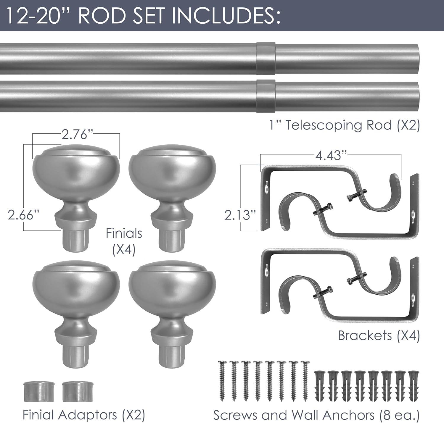 Fairbanks II 12-20 Inch Adjustable Side Curtain Rod Set Pair, 1 Inch Diameter in Nickel