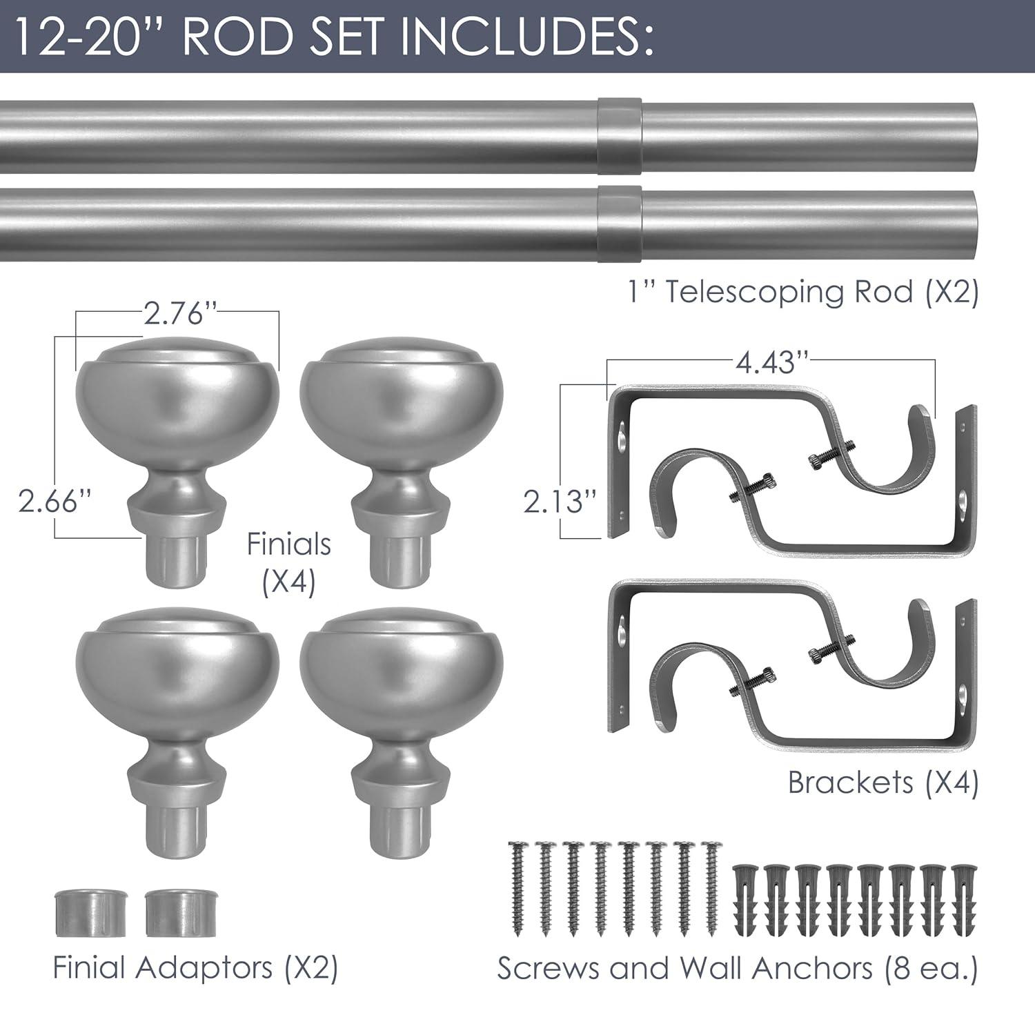 Fairbanks II 12-20 Inch Adjustable Side Curtain Rod Set Pair, 1 Inch Diameter in Nickel