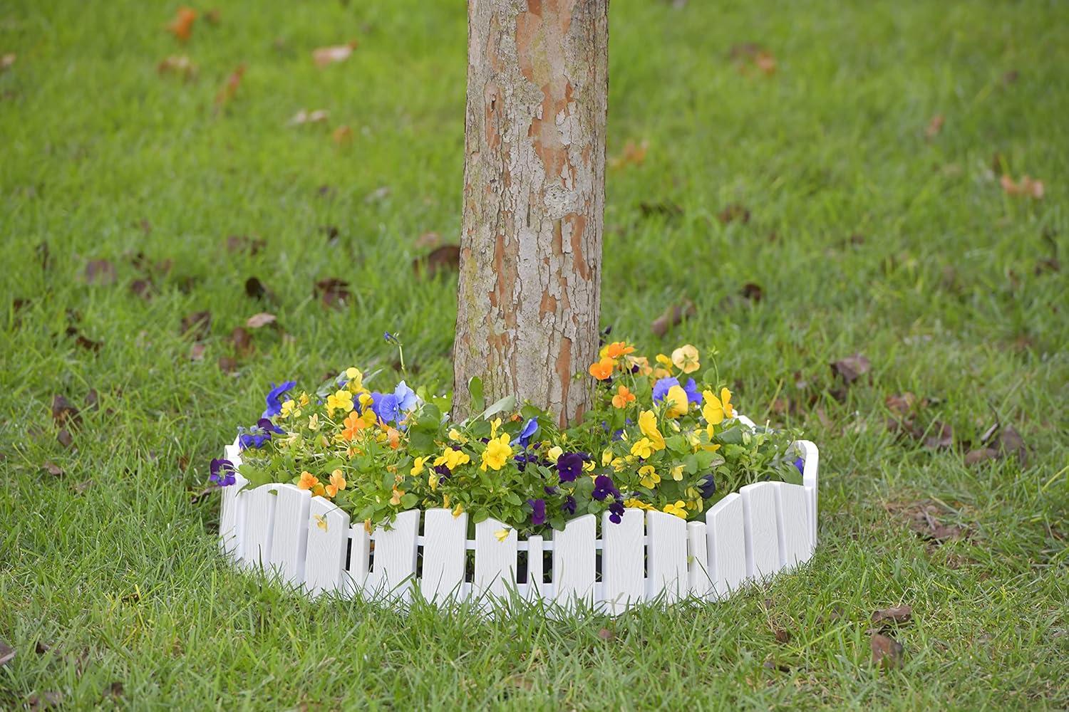 EasyFlex No-Dig Landscape Edging with Anchoring Spikes, 4.5 in. Tall Decorative Adirondack Wood-Look Fence Garden Border, 15 Foot Kit, White (3600WT-15C-6)