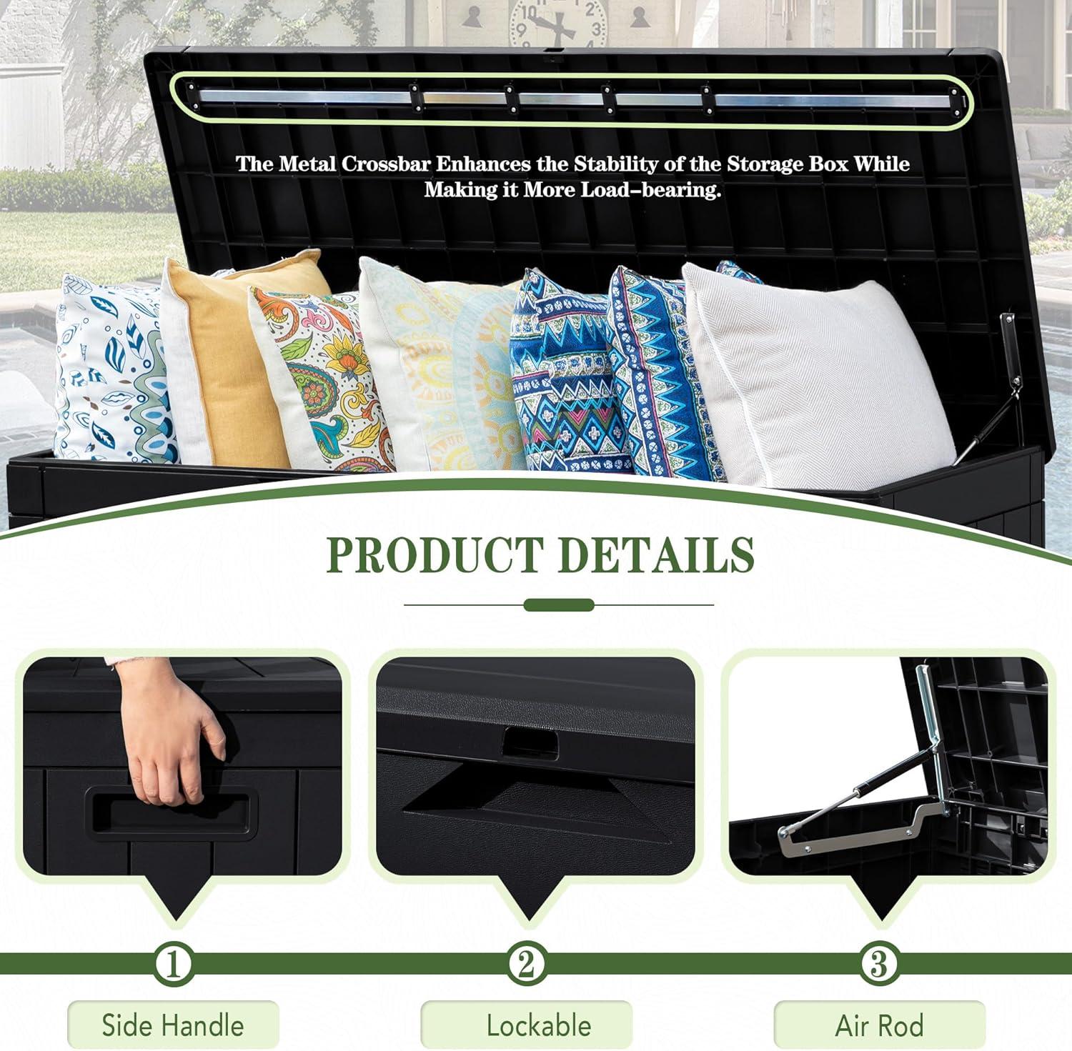 GEMBIK 100 Gallon Resin Deck Box, Large Outdoor Storage Bench with Cushions, Black