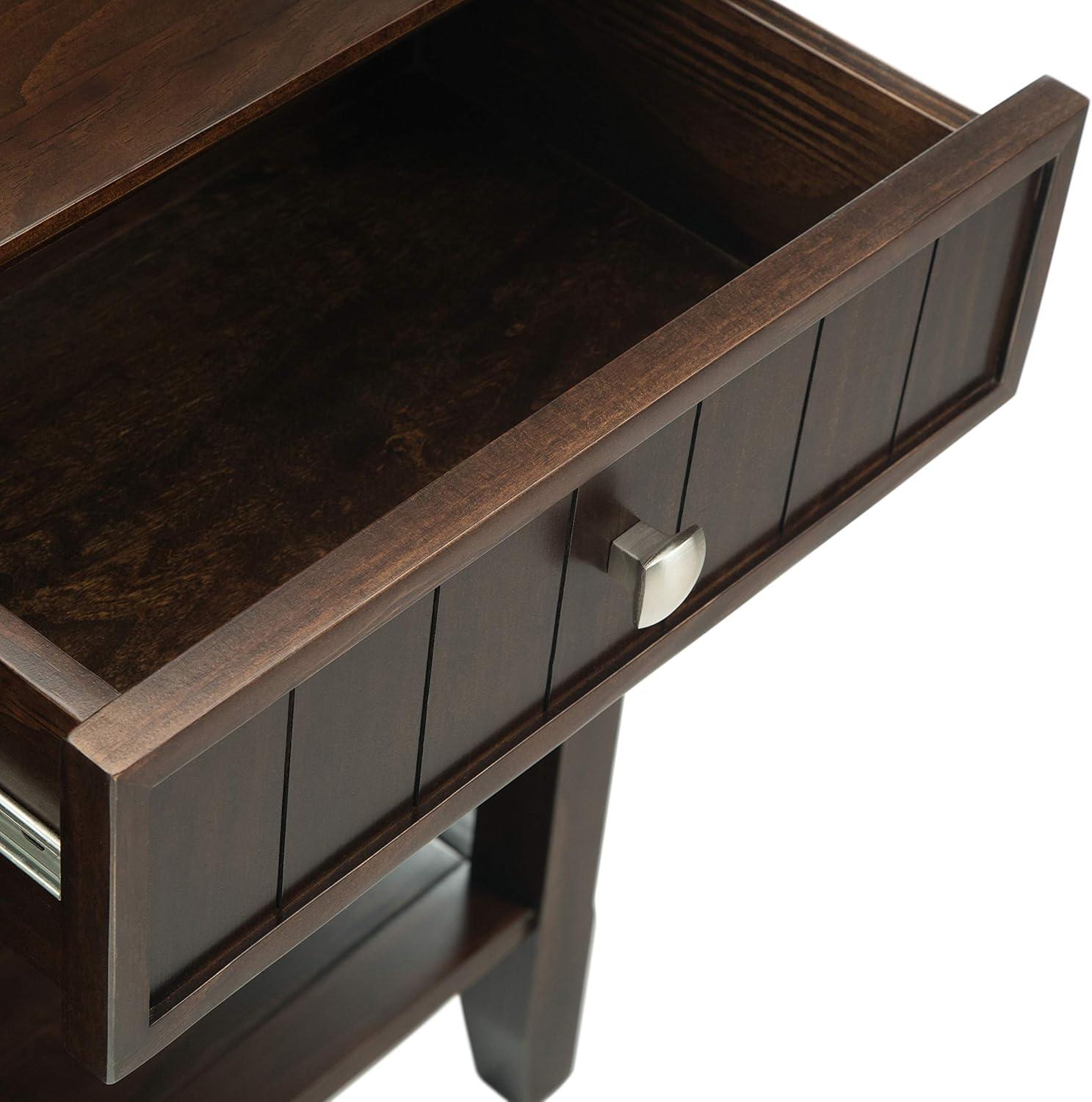 Simpli Home Acadian 60"W Solid Wood Wide Storage Console Table in Brunette Brown with Three Drawers and Open Shelf
