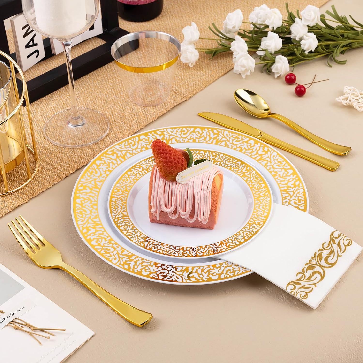 FOCUSLINE 350 Piece Gold Rim Dinnerware Set, Disposable Plastic Plates for Party or Wedding-100 Plastic Plates-50 Plastic Silverware-50 Plastic Cups-50 Linen Feel Napkins(50 Guest)