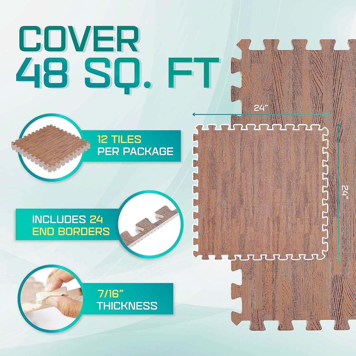 Yes4All 12 pcs Interlocking Exercise Foam Mats, Cover 48 sqft, 3/8 inch, Oak Wood Dark Color
