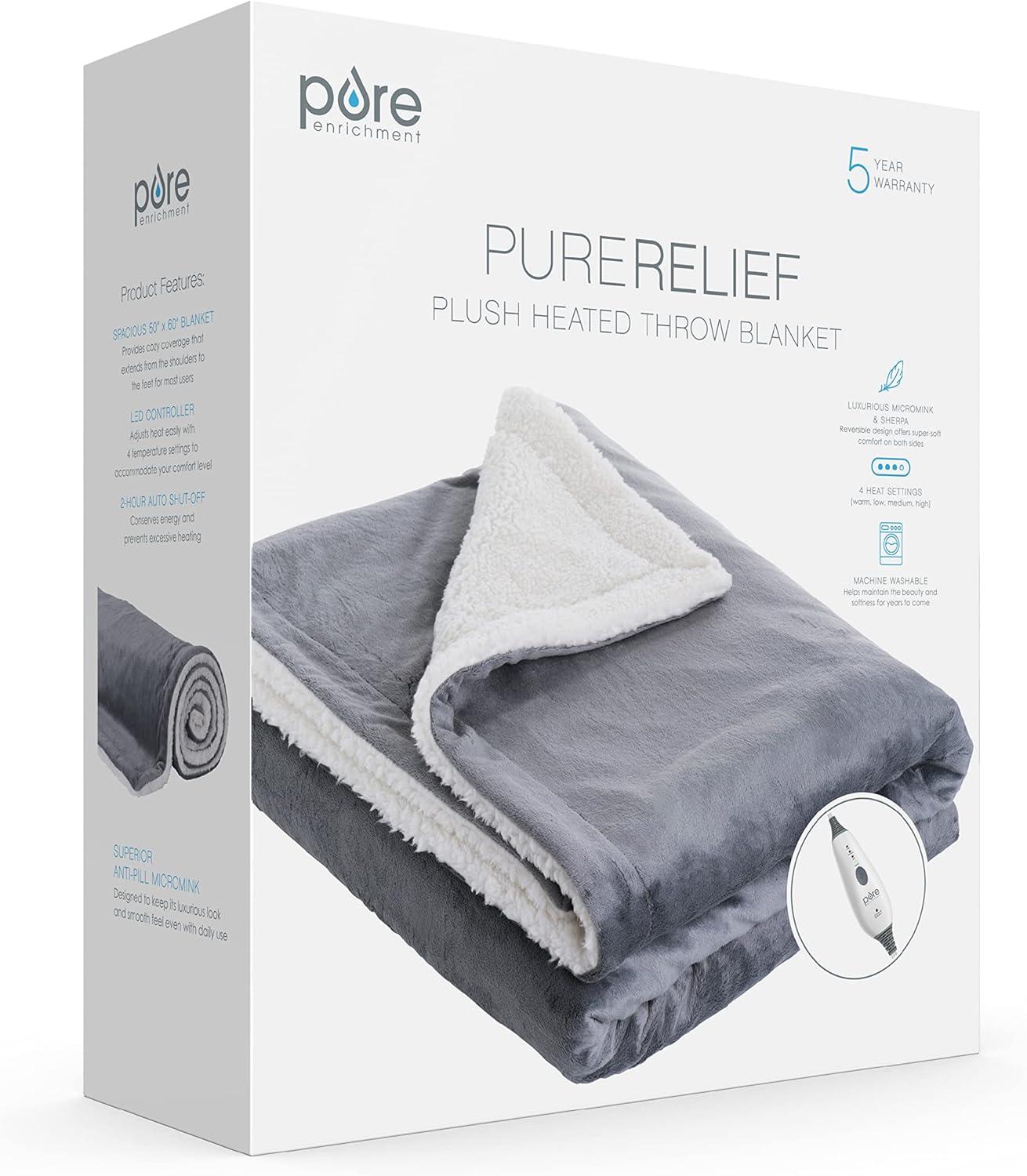 Pure Enrichment PureRelief Plush Heated Throw (50” x 60”) - 4 InstaHeat Settings, Soft Micromink & Sherpa Fabric, Machine Washable with Storage Bag - Cozy Electric Blanket for Couch or Bed Use