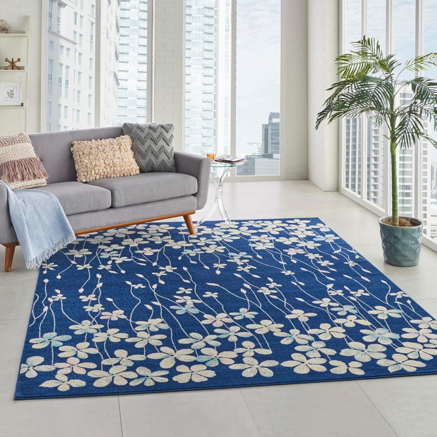 Navy Floral Bliss 8' x 10' Viscose Blend Easy-Care Area Rug