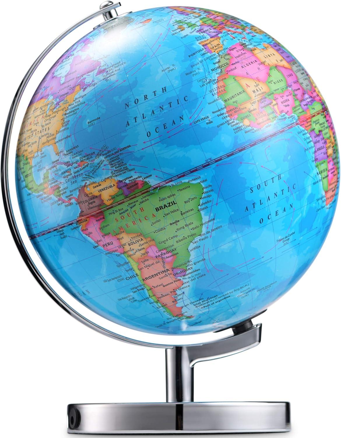 Chromed LED World Globe with Nightlight & Constellation Map, 11 Inch