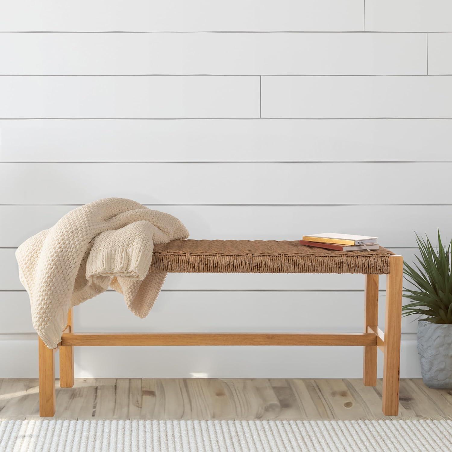 Newport 40-Inch Natural Wood Bench with Woven Rope Seat