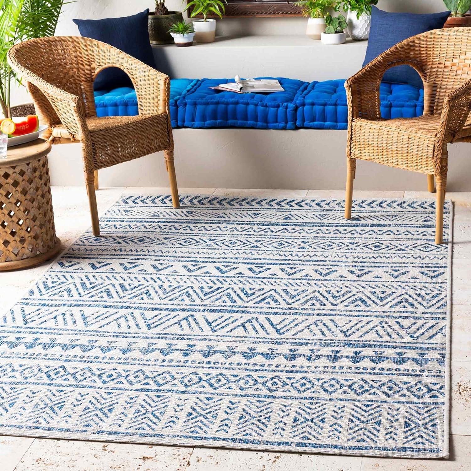 Blue and White Flat Woven Synthetic 10' x 14' Area Rug