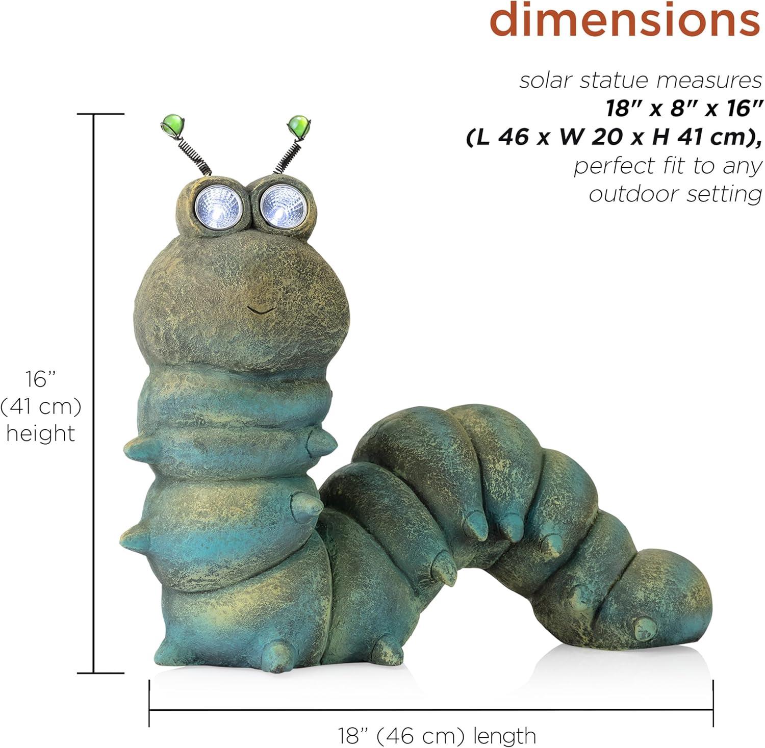 16-inch Green Solar-Powered Caterpillar Garden Statue with LED Eyes