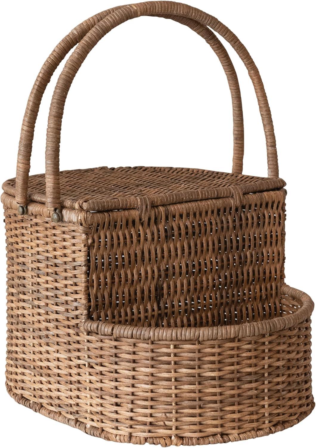 Creative Co-Op Oval Rattan Wicker Picnic Basket with Open Side Compartment, Natural