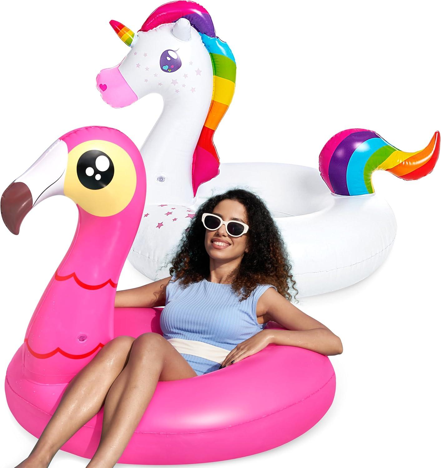 Joyfy 2 Packs Pool Floats Tube, Inflatable Unicorn Flamingo Pool Toys Floaties with Headrest, Pool Swim Ring for Kids Adults Beach Lake Summer Fun