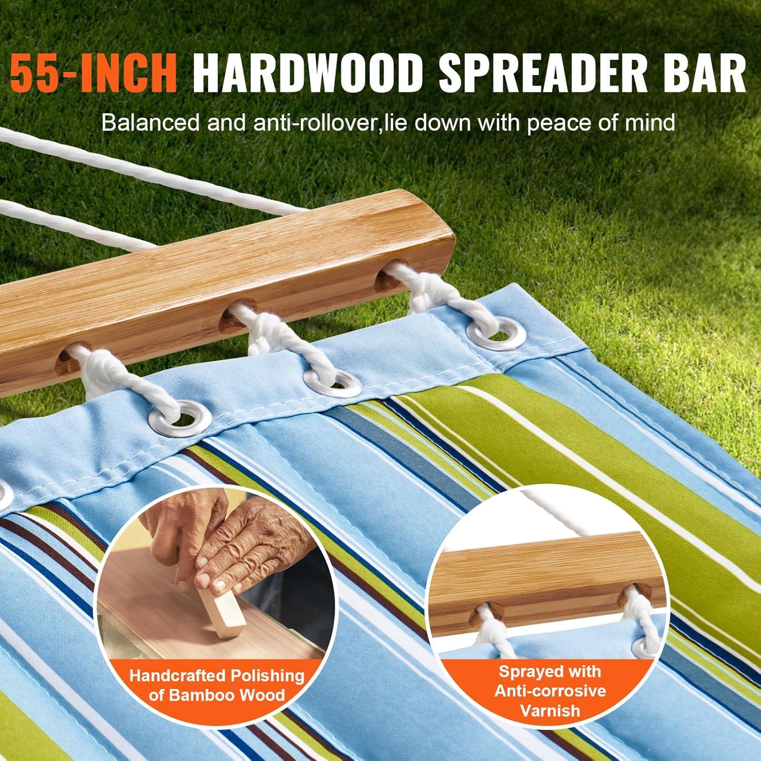 Double Quilted Fabric Hammock 12 ft. Double Hammock with Hardwood Spreader Bars 2 Person Quilted Hammock