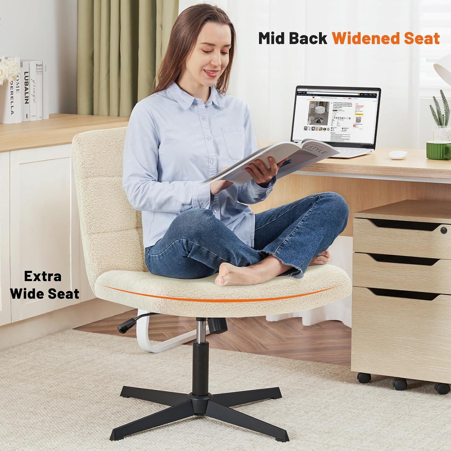 Furniliving Armless Office Desk Chair No Wheels Swivel Cross Legged Office Chair Ergonomic Computer Task Chair, Ivory white