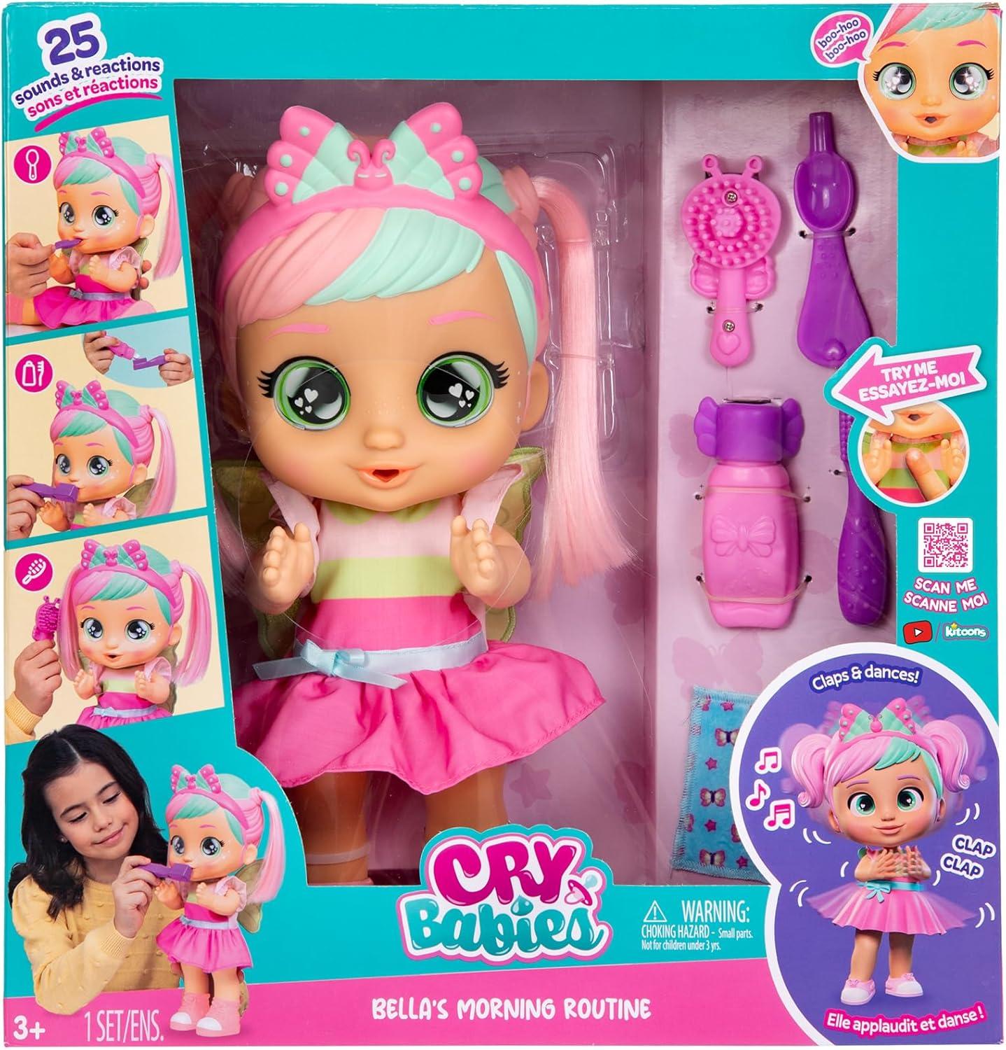 Cry Babies Bella's Morning Routine Interactive 13.6" Baby Doll with 25+ Baby Sounds and Interactive Accessories