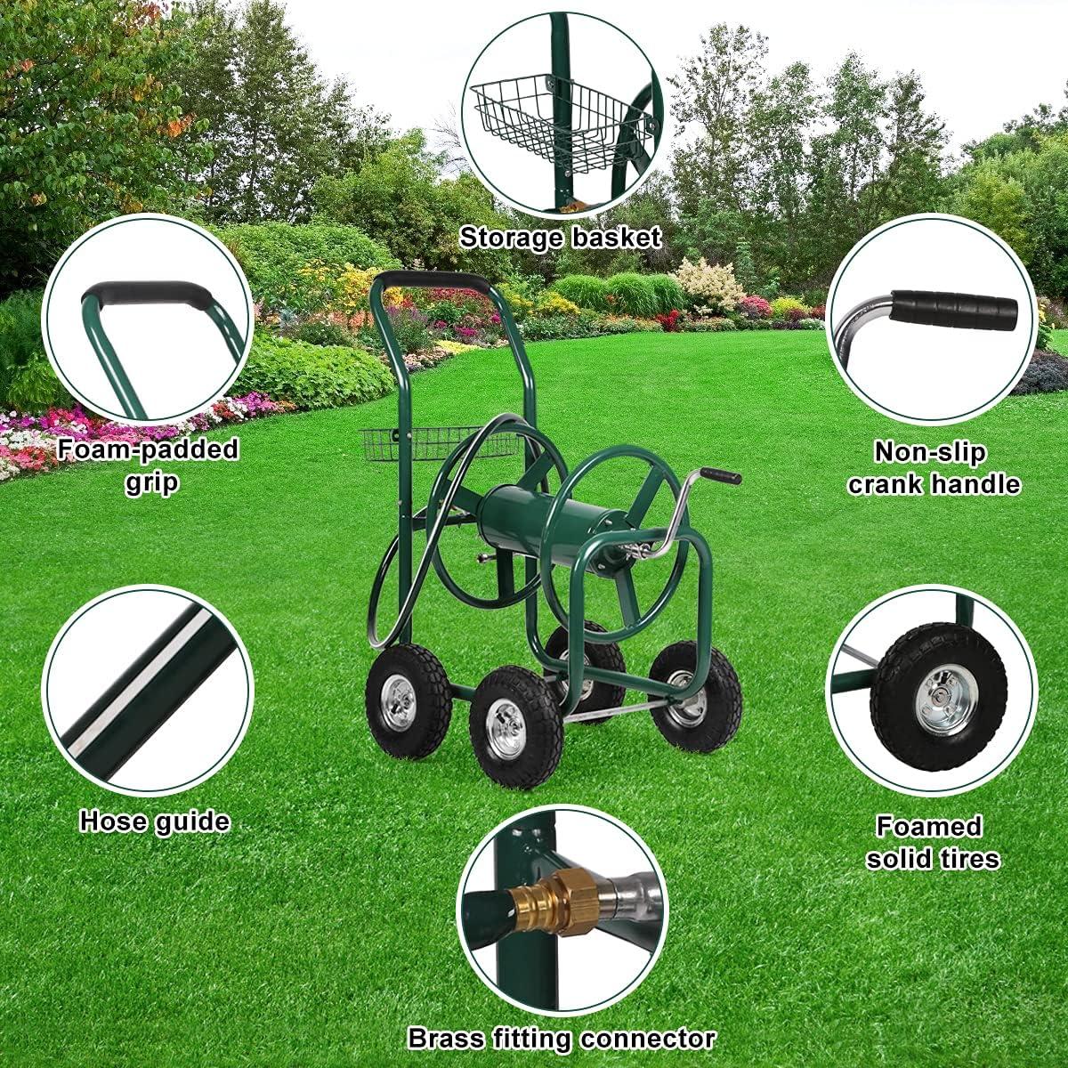 Dkeli Hose Reel Cart Garden Hose Carts with Wheels Heavy Duty Portable Water Hose Cart 4 Wheels Outdoor Yard Lawn Planting Truck with Storage Basket, Green