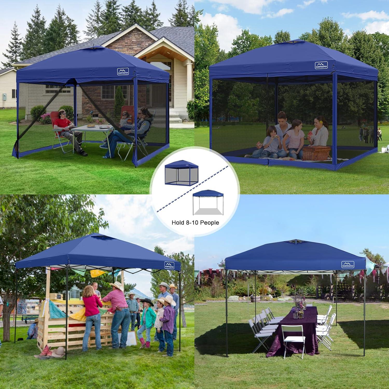 KAMPKEEPER 10x10 Pop Up Canopy Tent with Mosquito Netting - Waterproof Screen Shelter for Sun Shade, Camping, Beach and Outdoor Events, Navy Blue
