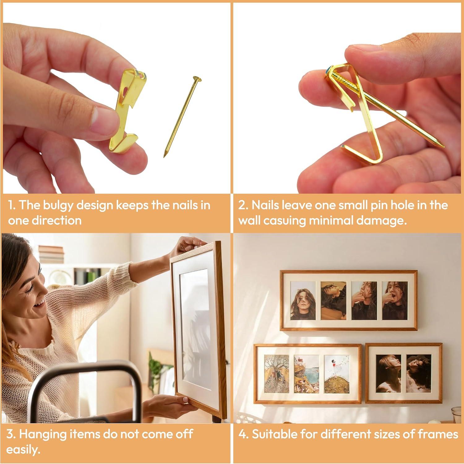 Picture Hanging Kit 184Pcs – Picture Hangers & Wall Hooks for Hanging – 20lb, 30lb, 50lb Wall Hangers with Metal Hooks and Nails for Drywall, Wood Walls & More(Gold)