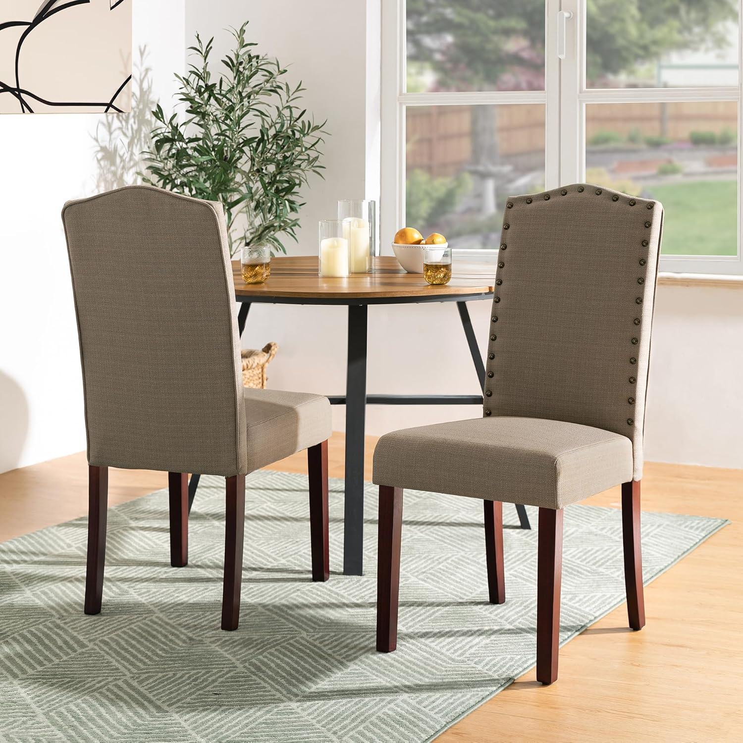 Tan Linen Upholstered Parsons Dining Chairs with Wood Legs, Set of 2