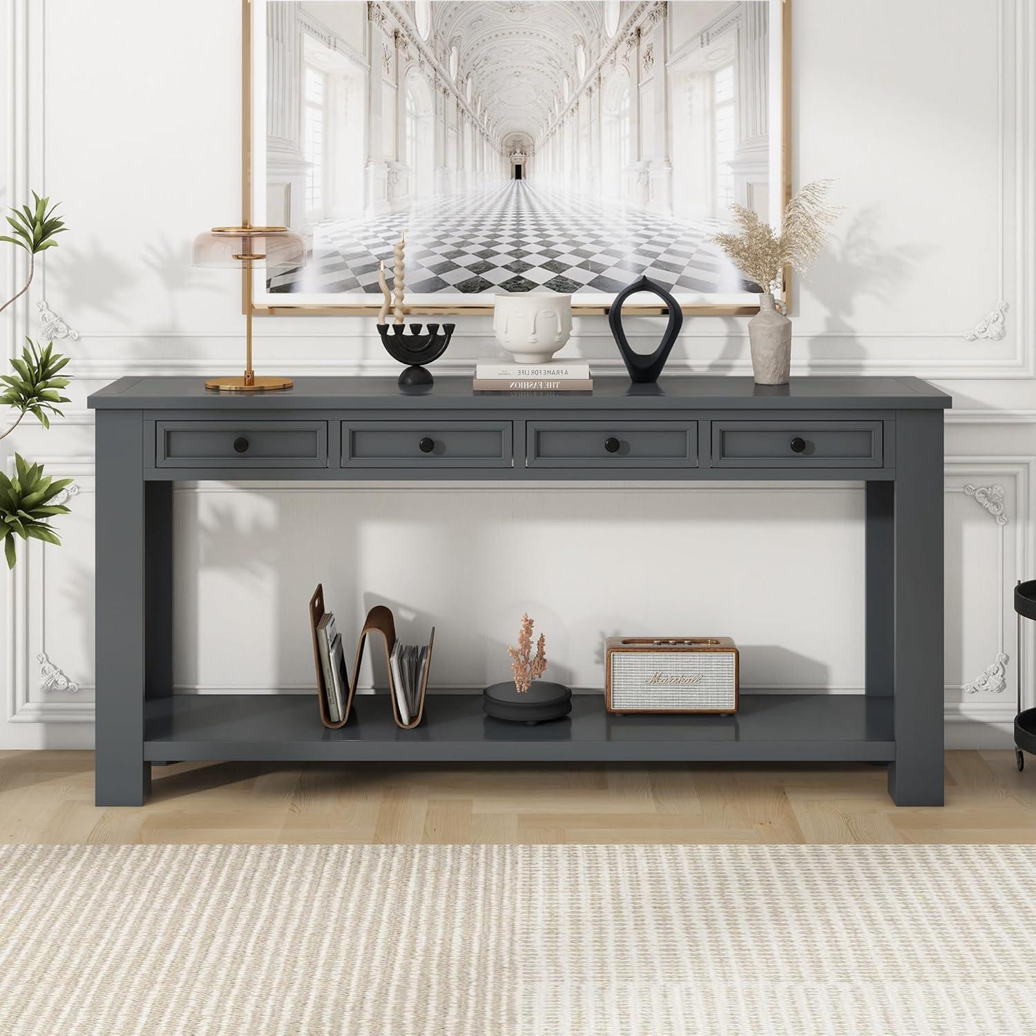 Knocbel Console Table Hallway Sofa Entryway Side Table 63" Long Furniture with 4 Drawers and Bottom Shelf for Living Room Home Decor, Tan