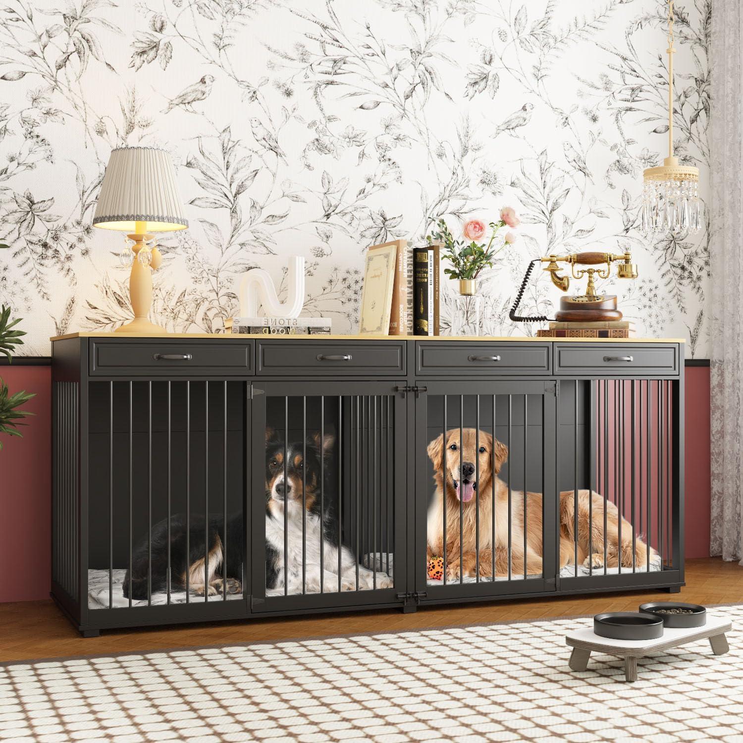 Famapy Spacious Large Double Dog Cage Furniture with Multiple Drawers Black