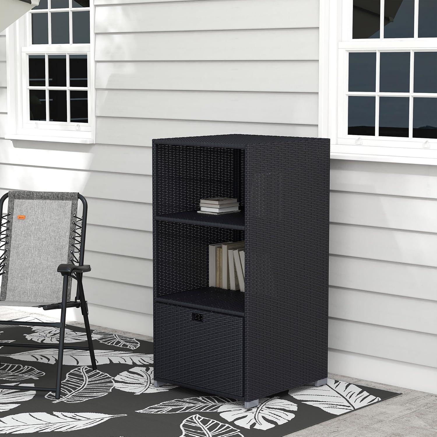 Tryimagine Outsunny Valet Pool Towel Rack, Waterproof PE Plastic Rattan Wicker Storage Organizer, Indoor Outdoor Spa, And Hot Tub Accessory Storage, 2 Shelves, 1 Basket Drawer